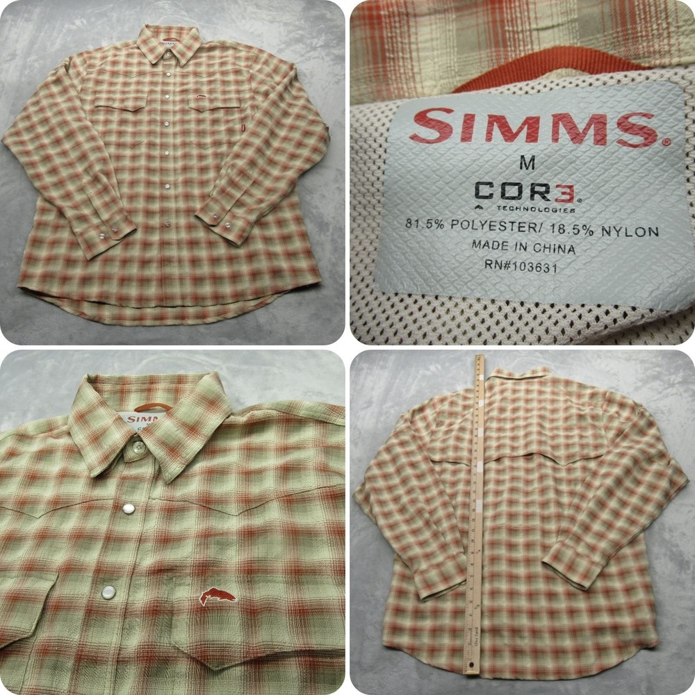 Simms Pearl Snap Shirt Men Medium Red Cream Plaid Seersucker Long Sleeve Fishing